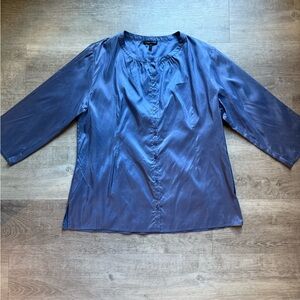 Eileen Fisher Washed Silk Taffeta Button Front 3/4 Sleeves Blue Shirt Size L